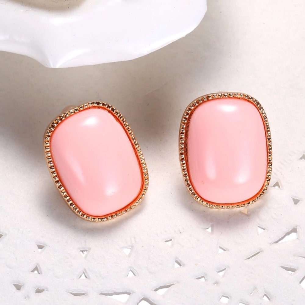 Coral Pink & Gold Large Stud Earrings Vintage Look